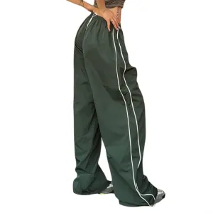 FOMOYUU Women Side Stripes Track Pants Elastic Waist Straight Leg Sweatpants Joggers Wide Leg Trousers with Pockets