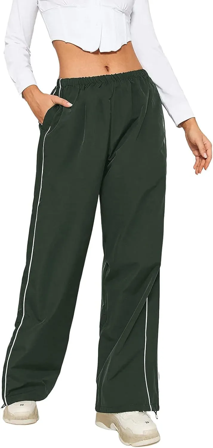 FOMOYUU Women Side Stripes Track Pants Elastic Waist Straight Leg Sweatpants Joggers Wide Leg Trousers with Pockets