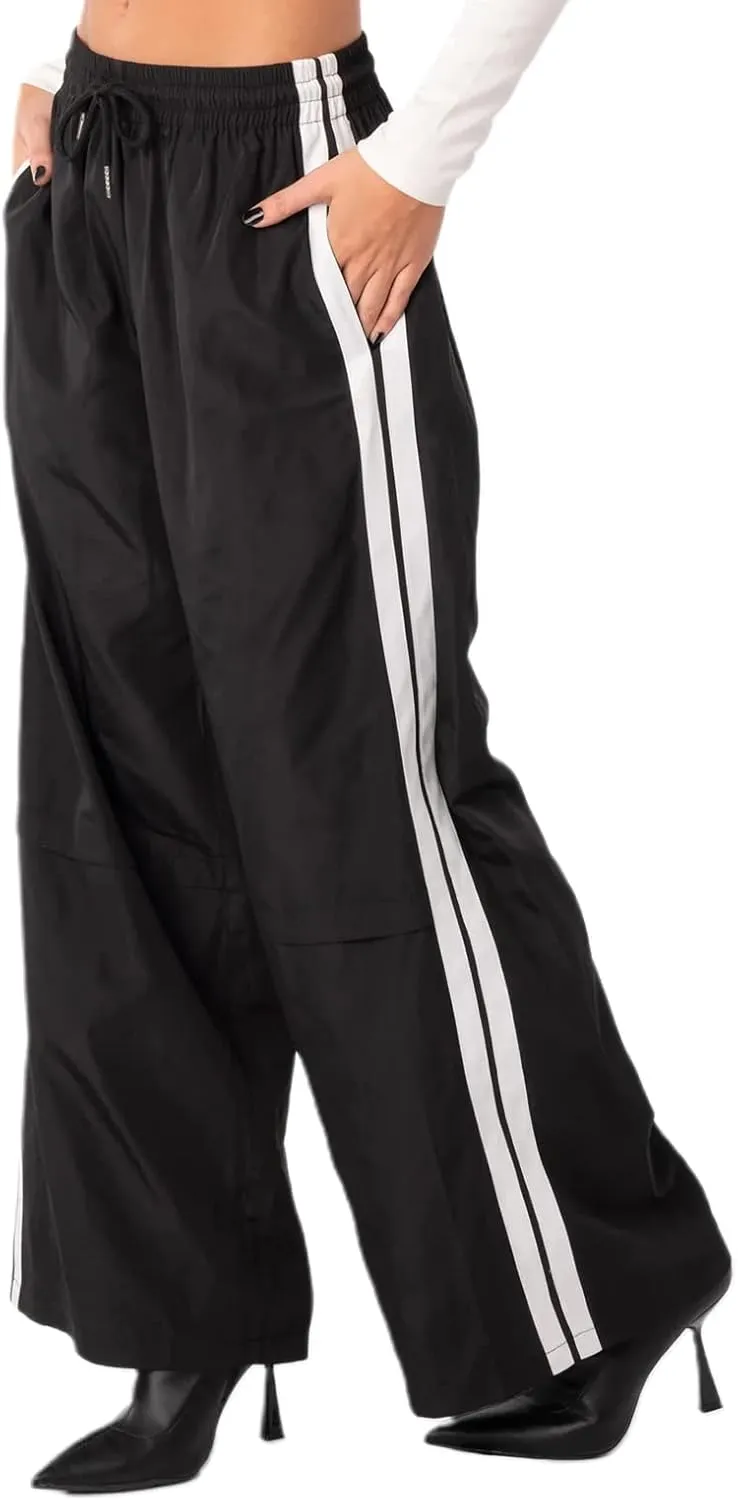 FOMOYUU Women Side Stripes Track Pants Elastic Waist Straight Leg Sweatpants Joggers Wide Leg Trousers with Pockets