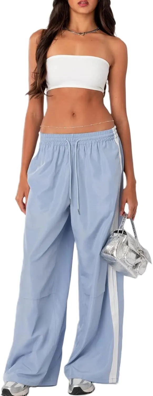 FOMOYUU Women Side Stripes Track Pants Elastic Waist Straight Leg Sweatpants Joggers Wide Leg Trousers with Pockets