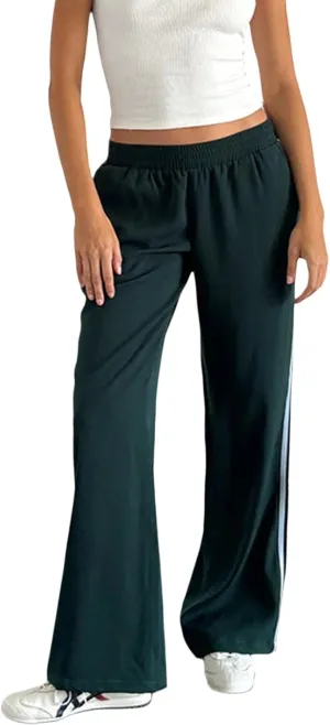 FOMOYUU Women Side Stripes Track Pants Elastic Waist Straight Leg Sweatpants Joggers Wide Leg Trousers with Pockets