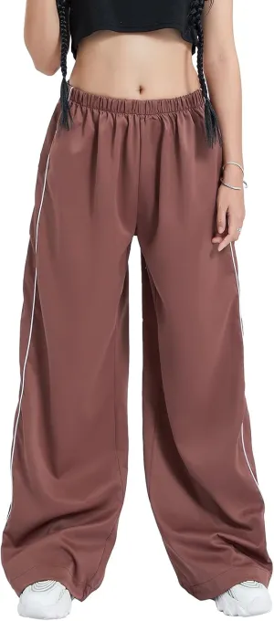 FOMOYUU Women Side Stripes Track Pants Elastic Waist Straight Leg Sweatpants Joggers Wide Leg Trousers with Pockets