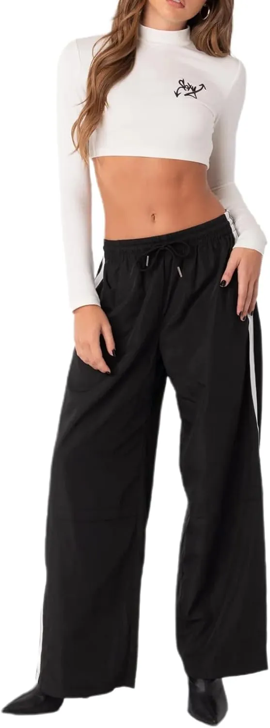 FOMOYUU Women Side Stripes Track Pants Elastic Waist Straight Leg Sweatpants Joggers Wide Leg Trousers with Pockets