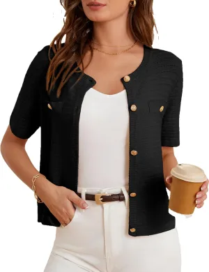 GRACE KARIN Womens Cardigan Sweaters 2025 Summer Open Front Button Down Short Sleeve Textured Knitted Sweater Tops Outfit