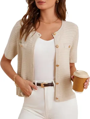 GRACE KARIN Womens Cardigan Sweaters 2025 Summer Open Front Button Down Short Sleeve Textured Knitted Sweater Tops Outfit