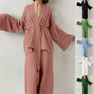 HGps8w Womens Belted Lounge Sets Open Front Long Sleeve Cardigans Matching Wide Leg Pants 2 Piece Pajamas Vacation Outfits
