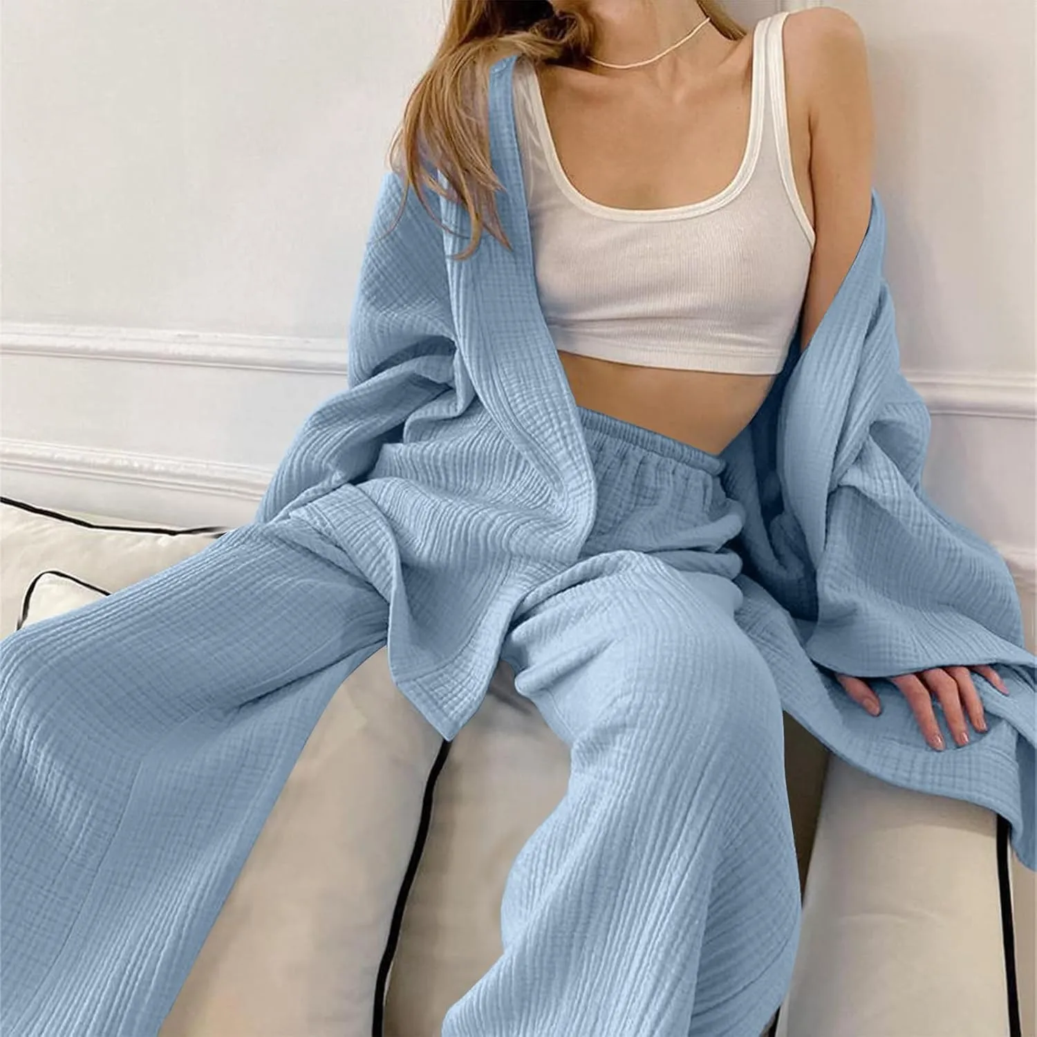 HGps8w Womens Belted Lounge Sets Open Front Long Sleeve Cardigans Matching Wide Leg Pants 2 Piece Pajamas Vacation Outfits
