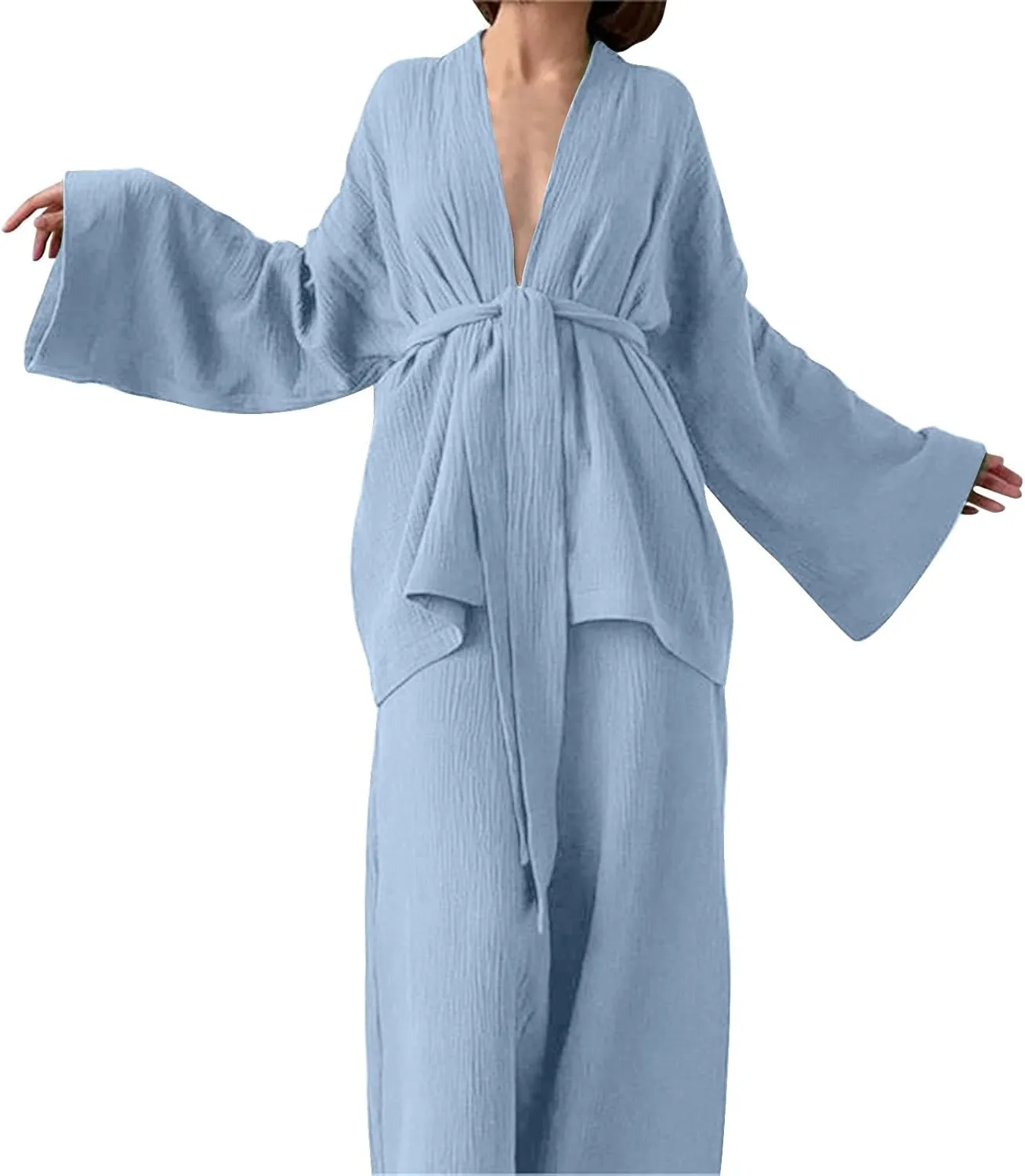 HGps8w Womens Belted Lounge Sets Open Front Long Sleeve Cardigans Matching Wide Leg Pants 2 Piece Pajamas Vacation Outfits