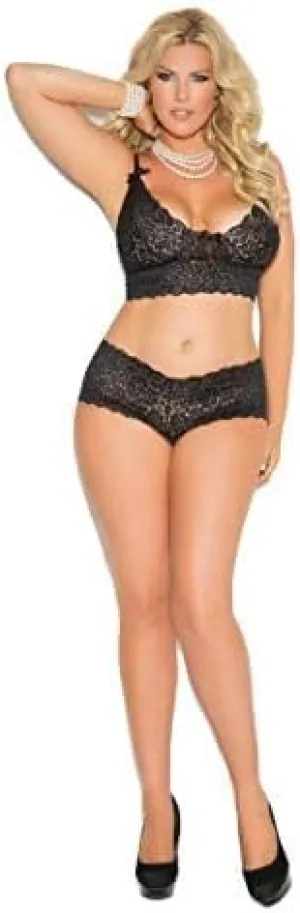 Hot Spot Women's Stretch Lace Bralette Top with Lace Booty Shorts Lingerie Set Black