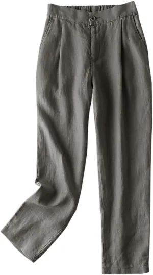 IXIMO Women's 100% Linen Pants Front Pleated Ankle Length Tapered Dress Pants