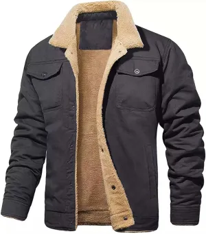 Jacket for Men Cold Weather Fleece Lined Vintage Coats Trucker Lapel Collar Thick Denim Jacket Button down Cargo Jackets