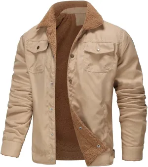 Jacket for Men Cold Weather Fleece Lined Vintage Coats Trucker Lapel Collar Thick Denim Jacket Button down Cargo Jackets