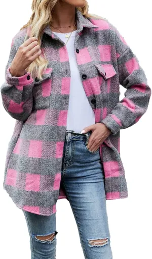 JEsilunmaMY Womens Plaid Shacket Jacket Long Sleeve Button Down Lapel Wool Blend Coat Casual Loose Fall Winter Shirt Jackets