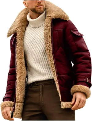 jsaierl Men's Winter Jacket Fleece Sherpa Lined Jacket Faux Suede Warm Coat Shearling Bomber Jacket with Multi Pocket Warm