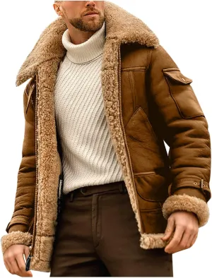 jsaierl Men's Winter Jacket Fleece Sherpa Lined Jacket Faux Suede Warm Coat Shearling Bomber Jacket with Multi Pocket Warm