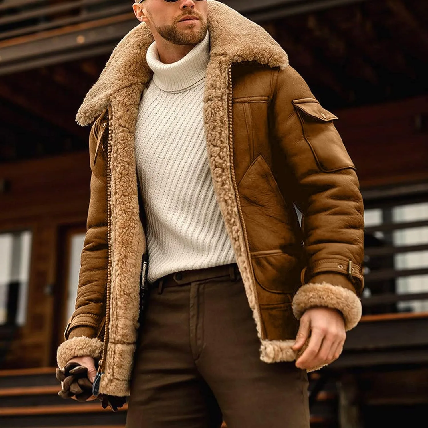 jsaierl Men's Winter Jacket Fleece Sherpa Lined Jacket Faux Suede Warm Coat Shearling Bomber Jacket with Multi Pocket Warm