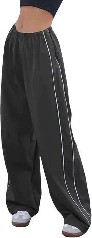 KMBANGI Womens Parachute Pants Baggy Y2k Track Pants Elastic Waist Side Stripes Sweatpants Loose Wide Leg Joggers Cargo Pants