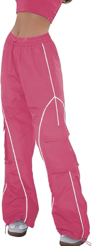 KMBANGI Womens Parachute Pants Baggy Y2k Track Pants Elastic Waist Side Stripes Sweatpants Loose Wide Leg Joggers Cargo Pants