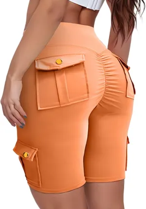 Kubbon Women Tummy Control Butt Lifting Shorts High Waisted Workout Gym Shorts Knee Length Bermuda Cargo Shorts Flap Pocket