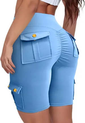 Kubbon Women Tummy Control Butt Lifting Shorts High Waisted Workout Gym Shorts Knee Length Bermuda Cargo Shorts Flap Pocket