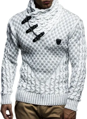 Leif Nelson Mens Knitted Pullover | Long-Sleeved Slim fit Shirt | Basic Sweatshirt with Shawl Collar and Faux Leather