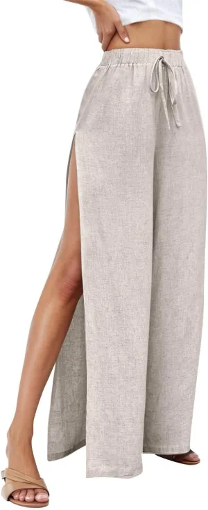 Linen Pants for Women Beach Wide Leg Side Split Ankle Palazzo Pants Drawstring Elastic Waist Summer Flowy Trousers