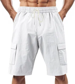 Linen Shorts for Men Cargo Elastic Waist Drawstring Shorts Summer Lightweight Pants Relaxed Fit with Pockets