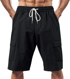 Linen Shorts for Men Cargo Elastic Waist Drawstring Shorts Summer Lightweight Pants Relaxed Fit with Pockets