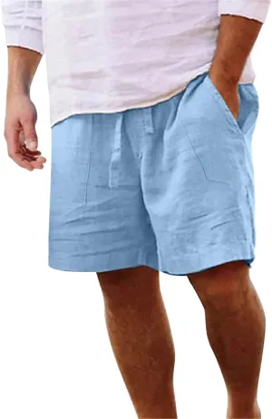 Linen Shorts for Men Summer Soild Color Beach Shorts Elastic Waist Drawstring Outdoors Sports Shorts for Men