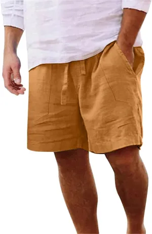 Linen Shorts for Men Summer Soild Color Beach Shorts Elastic Waist Drawstring Outdoors Sports Shorts for Men
