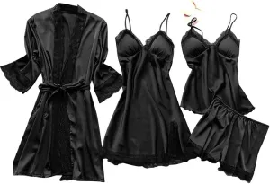 Lingerie Sets for Women 4pcs Satin Pajamas Sexy Lace Nightdress with Robe V Neck Cami Tshirts and Shorts Sleepwear