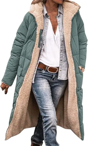 Long Puffer Coat Women Casual Reversible Fleece Jacket Coats Loose Fit Windbreaked Winter Oversized Outfits Hooded