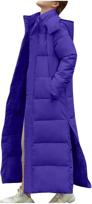 Long Puffer Jacket for Women Side Slit Hooded Puffer Jacket Oversized Zip Up Down Cotton Jacket 2024 Warm Winter Coat
