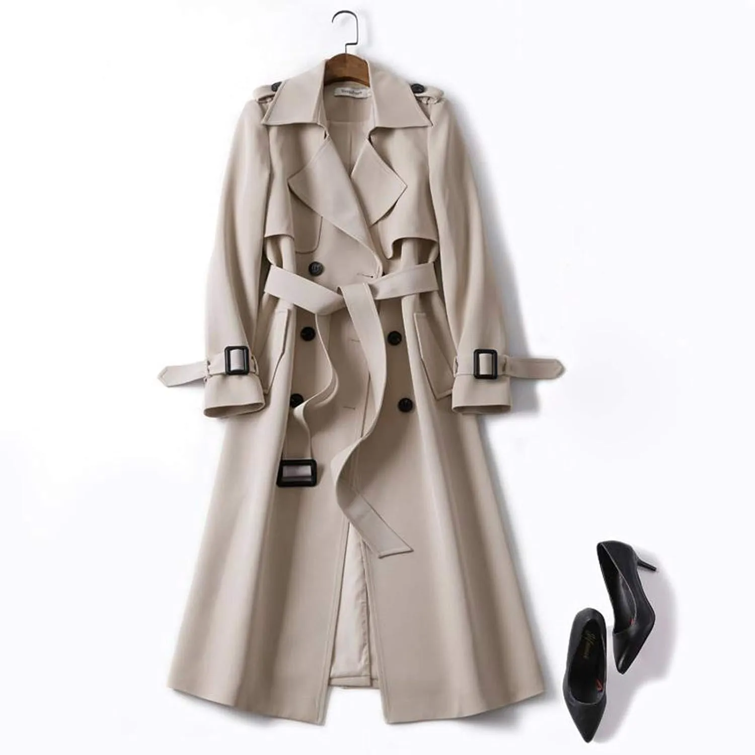 Long Trench Coat for Women Plus Size Double Breasted Windproof Jacket Classic Lapel Belted Long Outerwear Overcoat