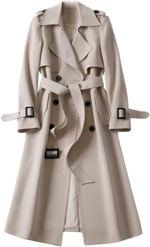 Long Trench Coat for Women Plus Size Double Breasted Windproof Jacket Classic Lapel Belted Long Outerwear Overcoat