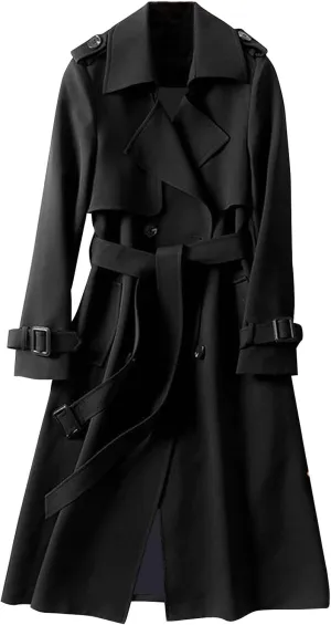 Long Trench Coat for Women Plus Size Double Breasted Windproof Jacket Classic Lapel Belted Long Outerwear Overcoat
