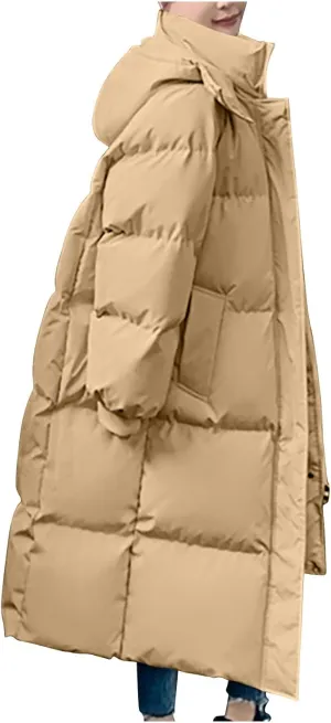 Long Winter Puffer Coat for Women Hooded Down Jacket With Pockets Waterproof Thick Quilted Maxi Puffer Parka Coat