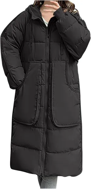 Long Winter Puffer Coat for Women Hooded Down Jacket With Pockets Waterproof Thick Quilted Maxi Puffer Parka Coat