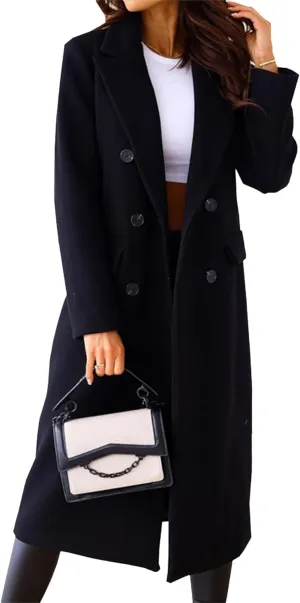 Maiyifu-GJ Wool Blend Coat for Women Notched Collar Double Breasted Trench Coat Fall Winter Elegant Long Jacket Outerwear