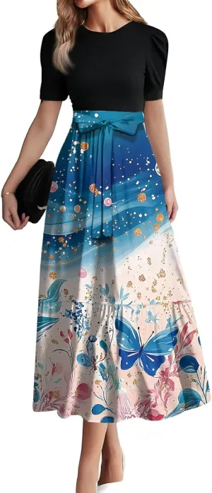 Maxi Dresses for Women 2025 Puff Sleeve Tie Belted Wedding Guest Dress Empire Waist Patchwork A Line Work Dresses