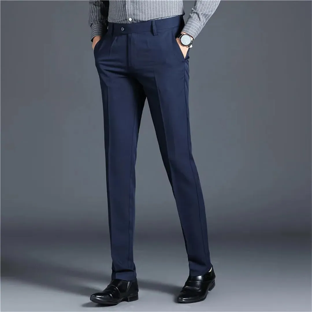 Men Straight Smart Dress Pants Solid Color Slim Elastic Formal Suit Pants