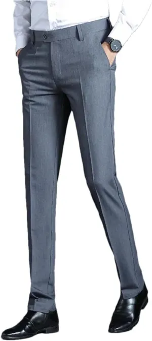 Men Straight Smart Dress Pants Solid Color Slim Elastic Formal Suit Pants