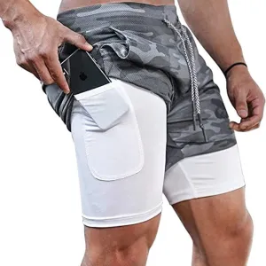 Men's 2 in 1 Workout Running Shorts Training Gym Short, Quick Dry Running Sports Athletic Shorts with Pockets