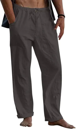 Mens Baggy Linen Pants Casual Summer Yoga Beach Wide Leg Pants Elastic Waist Drawstring Loose Fit Long Linen Pants