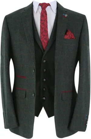 Mens Boys Tweed Check Matching Suit Dark Green Wedding Pageboy Formal 3 Piece Set