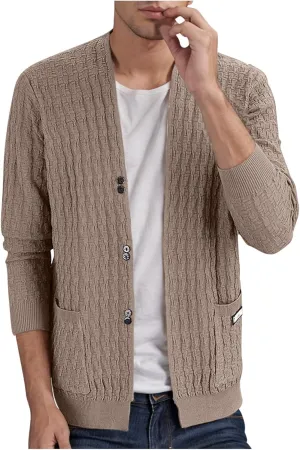 Mens Cardigan Sweater Casual Button Down Long Sleeve V Neck Cable Knit Sweaters with Pockets Slim Fit Overcoats