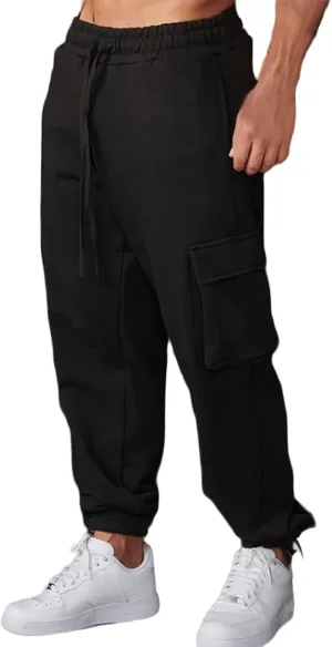 Mens Casual Cargo Sweatpant with Multi Pockets Baggy Elastic Waist Drawstring Pants Outdoor Straight Stretch Trousers