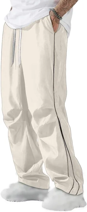 Men's Casual Drawstring Parachute Pants Baggy Elastic Waist Pants Side Stripes Athletic Loose Tousers with Pockets