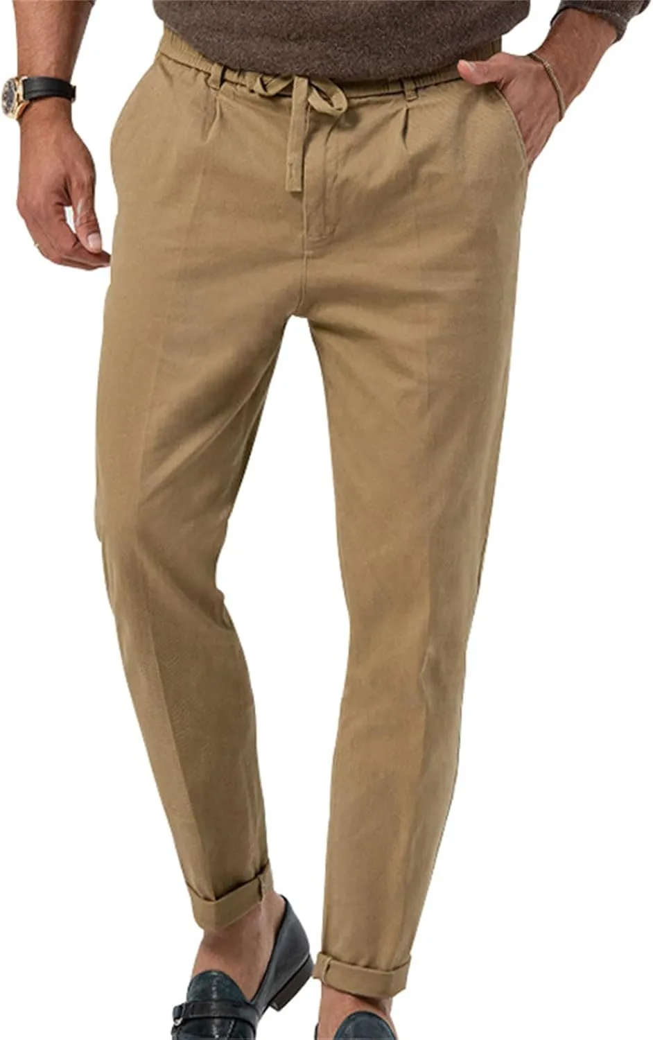 Men's Casual Dress Pants Drawstring Straight Leg Thin Pants Solid Color Business Simple Trousers for Formal Occasion