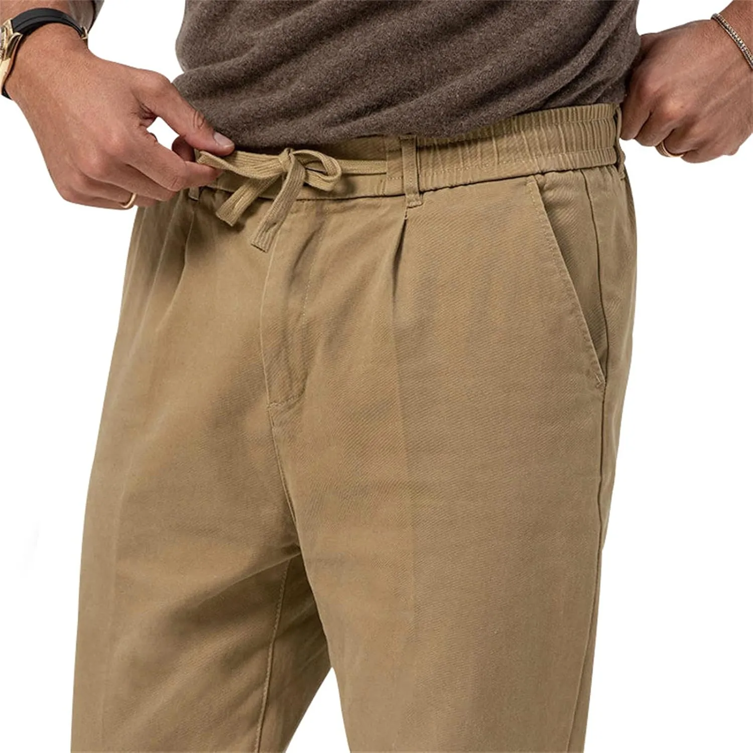 Men's Casual Dress Pants Drawstring Straight Leg Thin Pants Solid Color Business Simple Trousers for Formal Occasion